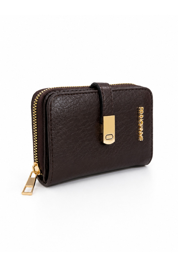 Women's Gold Detailed, Stylish and Convenient Multi-Compartment Wallet in Brown