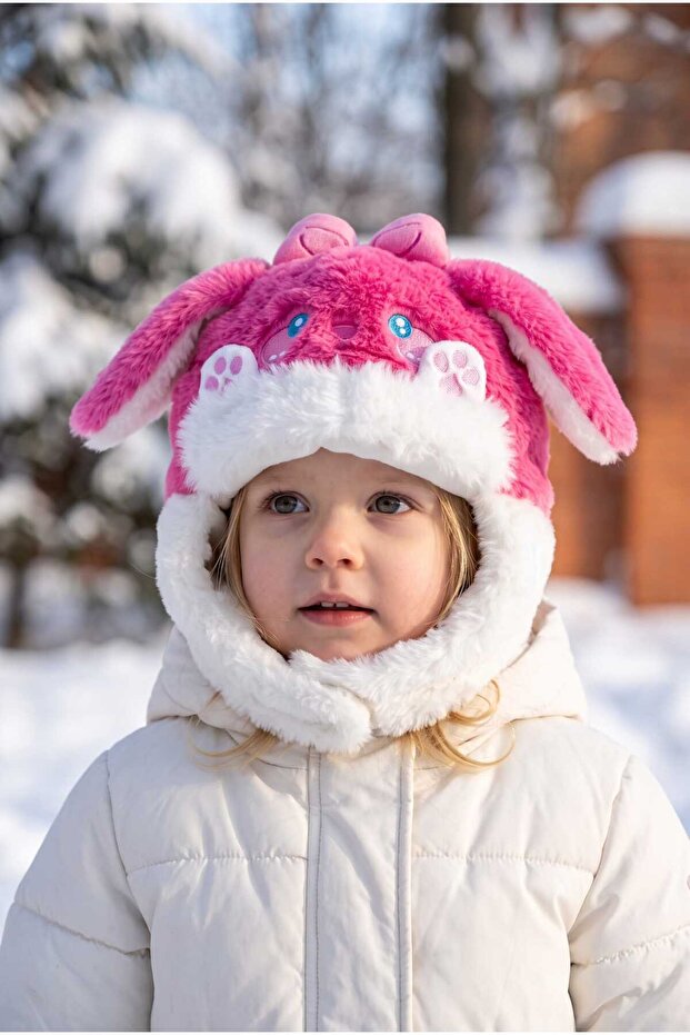 1-3 Year Old Girl's Plush Fleece Lined Winter Beanie with Figure and Tie-Down Feature at the Neck