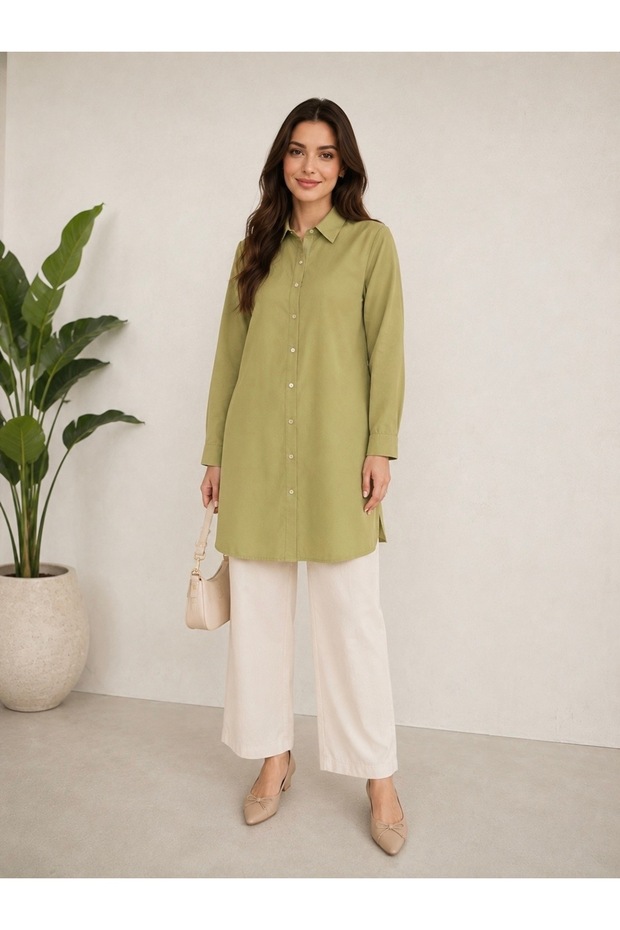 Women's Oil Green Classic Collar Long Shirt Tunic