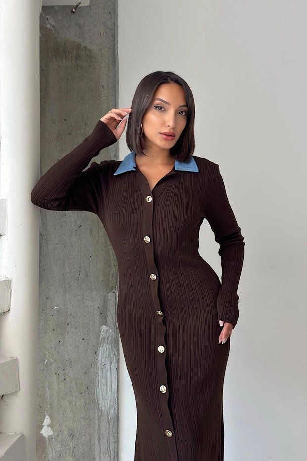 Women's Brown Stylish Jean Denim Collar Buttoned Long Knitwear Dress