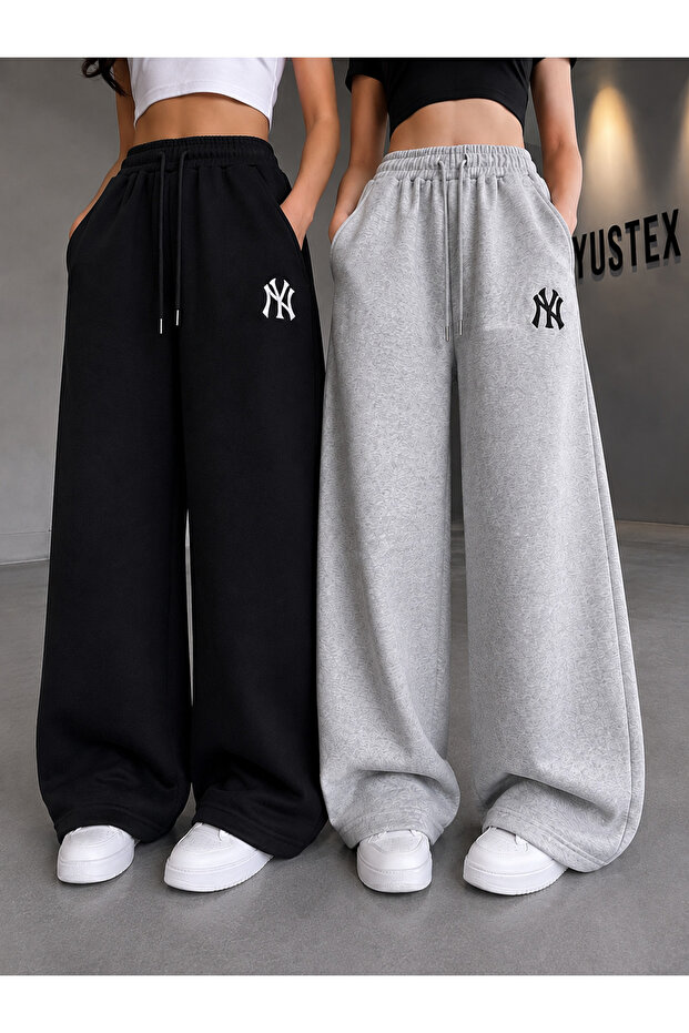 2 Pieces Ny Printed Tracksuit Bottom Set (Black and Grey) Loose Fit Oversize Style Comfortable Cut
