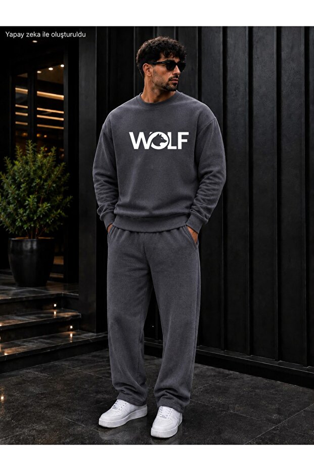 Men's Wolf Wolf Silhouette Printed Crew Neck Regular Fit Men's Tracksuit Set / Straight Leg Bottom