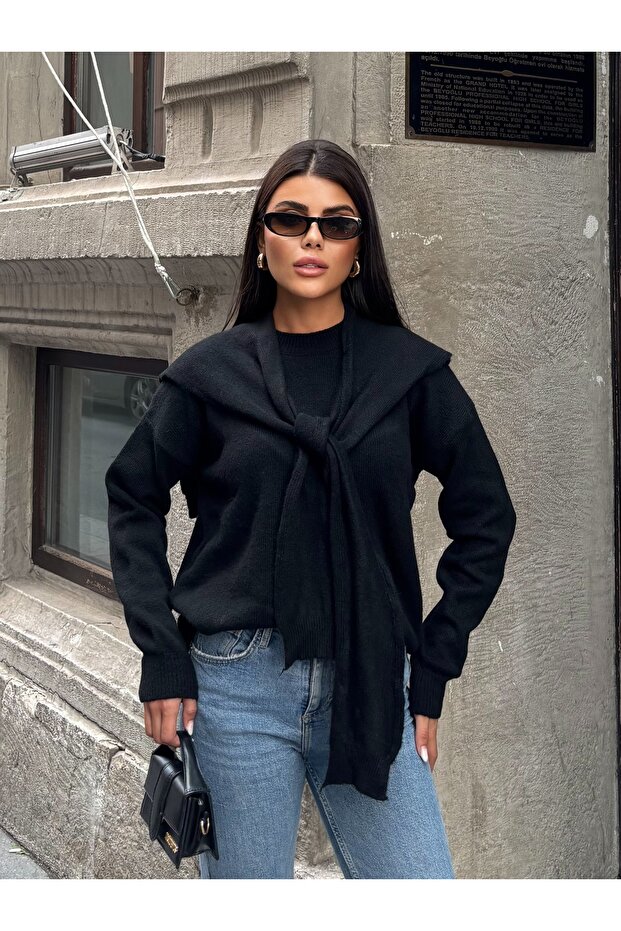 Women's Black Collar Tie-Detail Knit Sweater