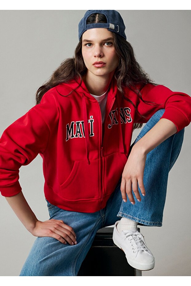 Jeans Printed Zippered Hooded Women's Sweatshirt.