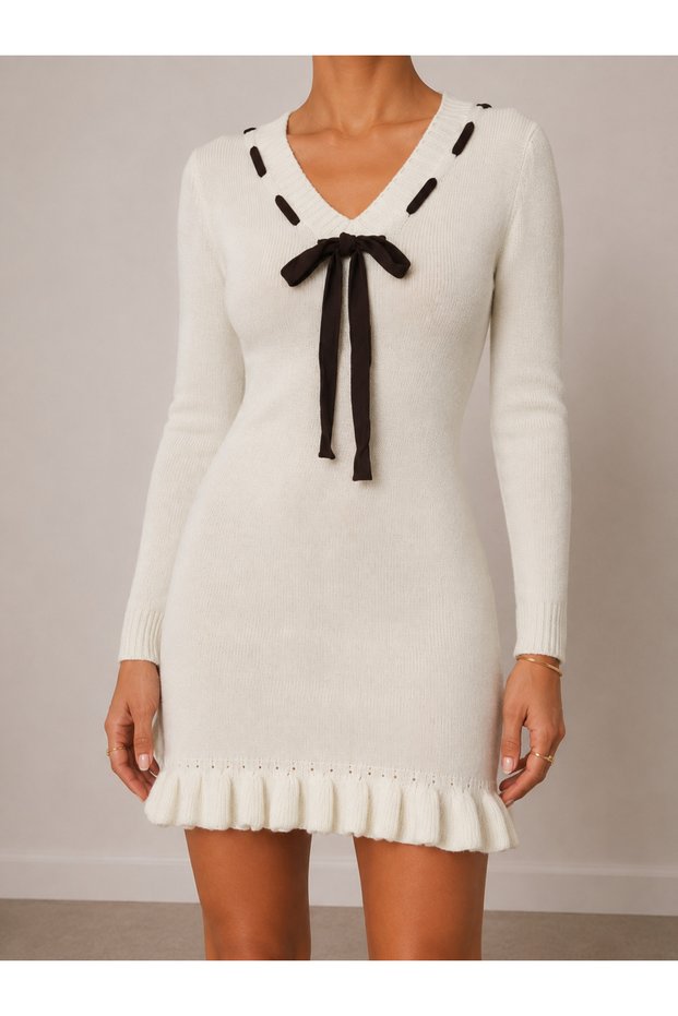Feminine Knitwear Elegance | Women's V-Neck Lace Detailed Long Sleeve Mini Dress