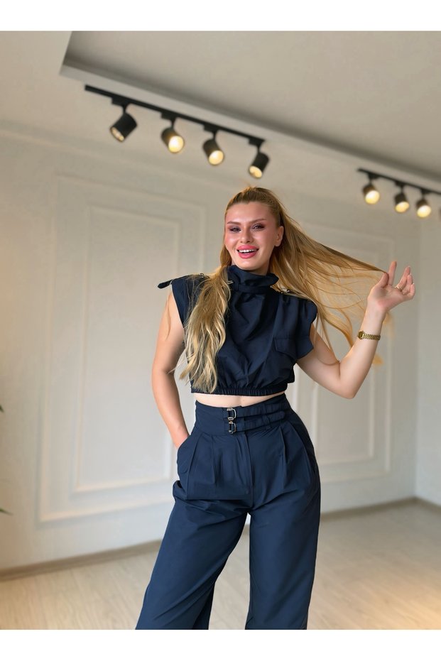 Navy Blue Belted Crop Blouse and High Waist Pants Set