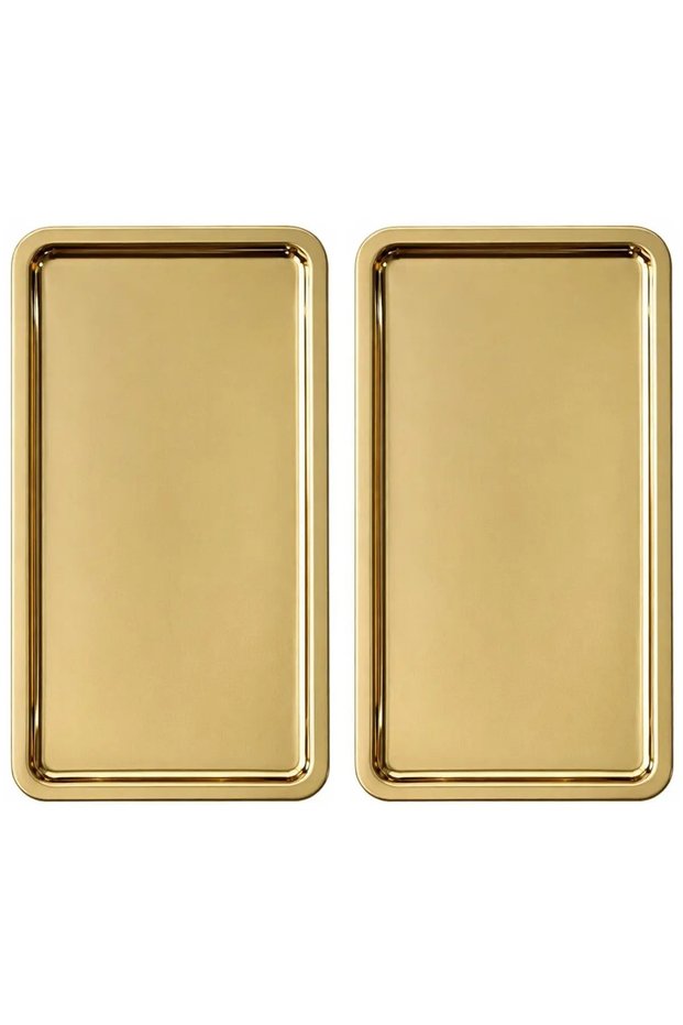 2 Pieces Gold Wide Rectangular Metal Presentation Tray 33X18 cm – Flat Tea Coffee Dessert Serving Tray Set