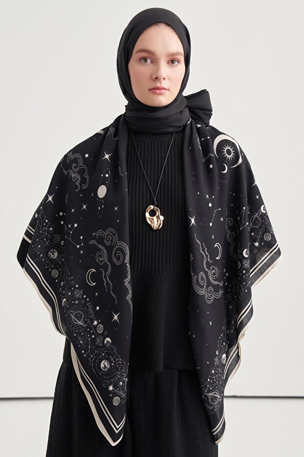 Luna Pattern Norena Wool Shoulder Shawl Black
