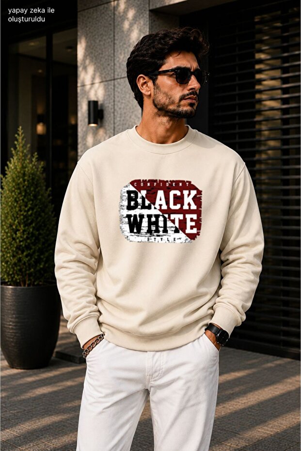 Men's Black White Confident Style Typography Printed Cycling Round Neck Casual Sweatshirt