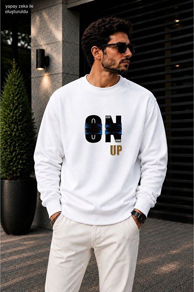 Men's Stay on up Keep Going Blue Stripe Printed Cycling Round Neck Casual Sweatshirt