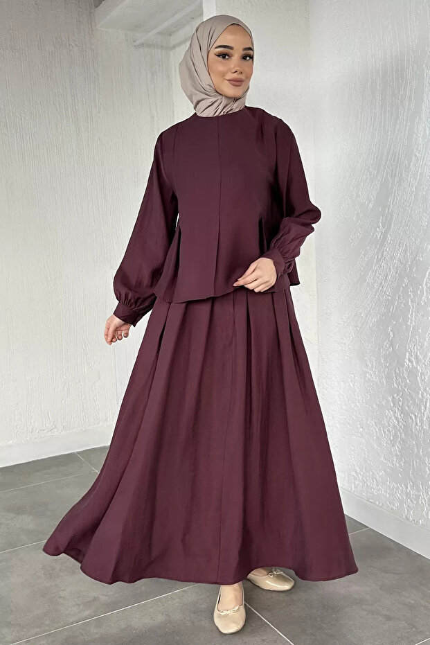 Burgundy Skirt and Blouse Combination Hijab Double Set
