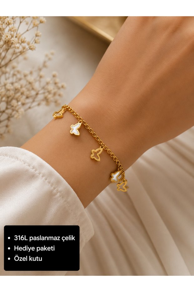 Women's 316L Stainless Steel Gold Butterfly Figured Elegant Bracelet with White Detail