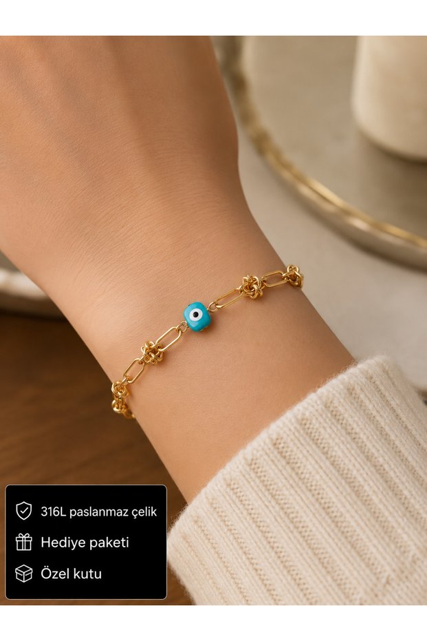 Turquoise Evil Eye Bead Detailed Gold Color Steel Chain Women's Bracelet