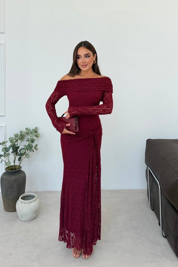 Women's Burgundy Madonna Collar Front Tie Maxi Length Lace Dress