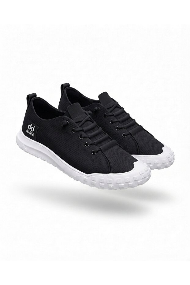 Flexible Black Linen Lace-Up Breathable Comfortable White Sole Style Sneaker Shoes