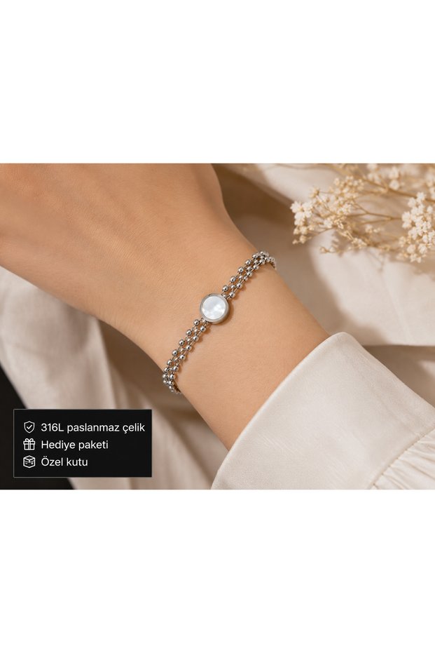 316L Stainless Steel Look Round Detailed Double Chain Women's Bracelet