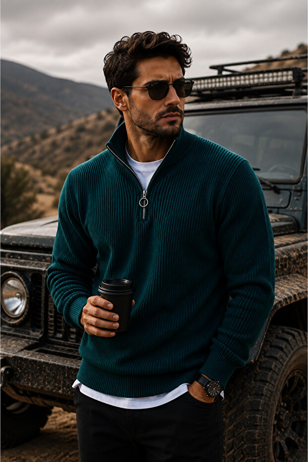 Men's Thessaloniki Knitted Half-Zip Knitwear Sweater Winter Thick Textured Stand Collar Premium