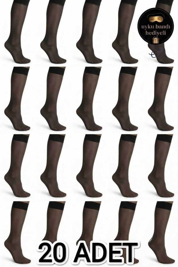 20 Pack Black Color (500) 20 Den Thin Knee-Length Women's Socks + Special Manufactured Sleep Mask Gifted Advantageous Set
