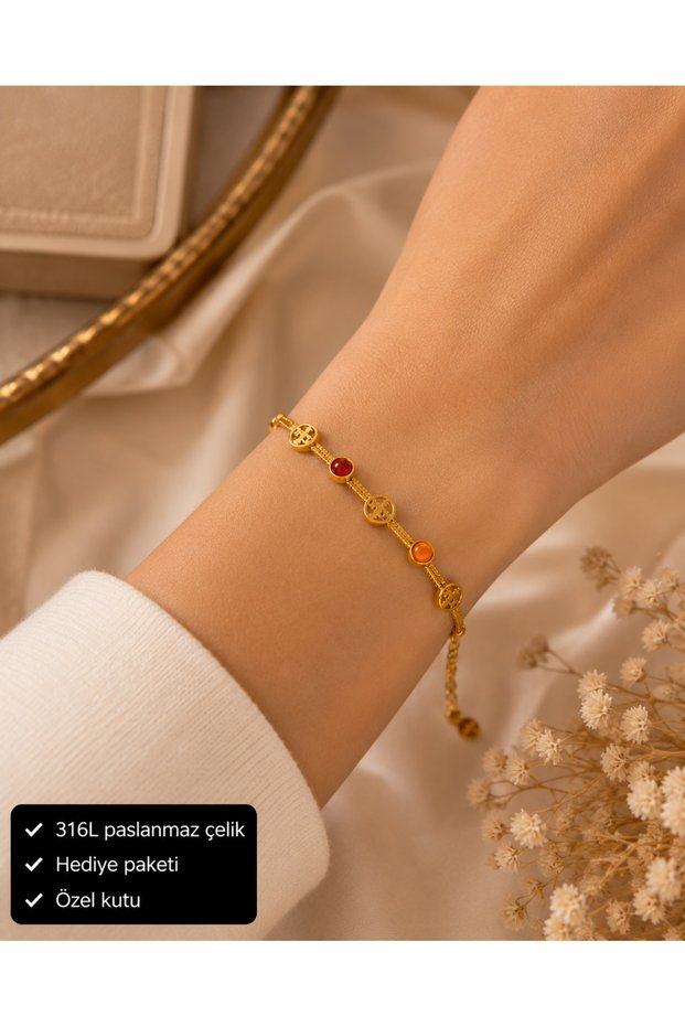 316L Stainless Steel Gold Color Stylish Women's Bracelet with Red Orange Detail