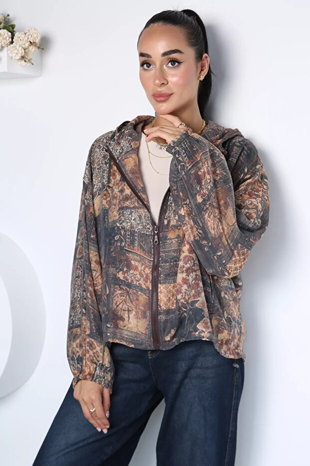 Beige Perry Women's Inner Lined Hooded Ethnic Patterned Seasonal Jacket