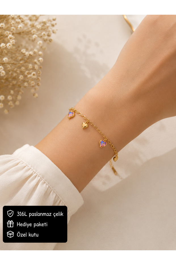 Colorful Heart Figured 316L Stainless Steel Gold Women's Bracelet Elegant Accessory