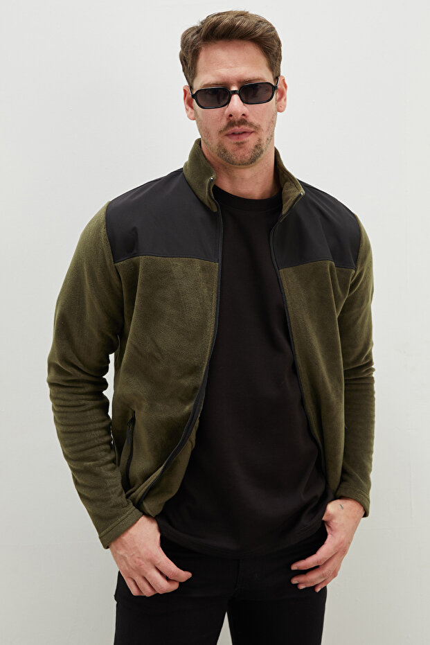 Zippered Stand Collar Fleece Jacket with Parachute Fabric Detail