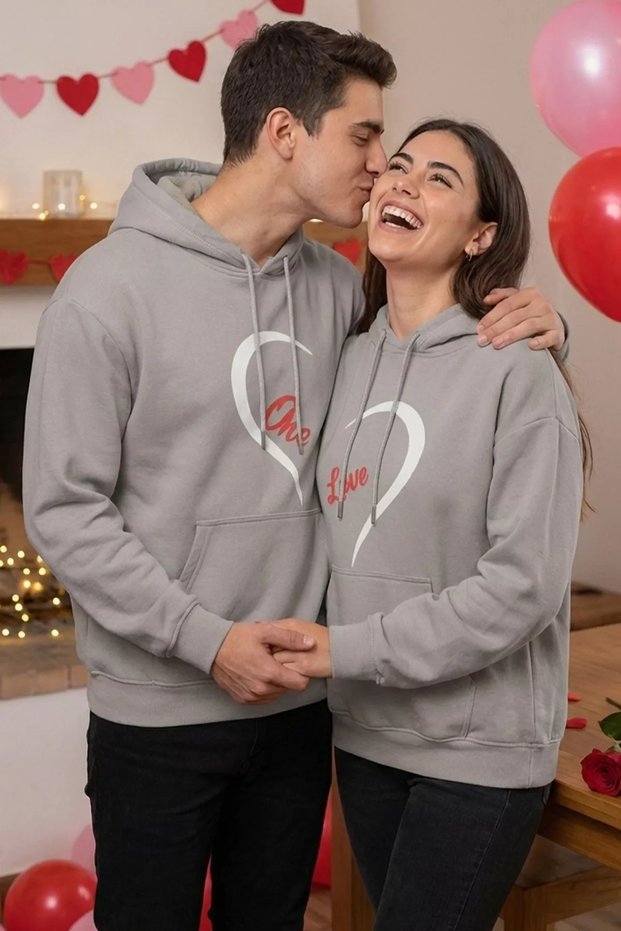 Dark Gray Printed Hooded Hoodie Couple Combination Double Sweatshirt (Fits S-M-L Sizes.)