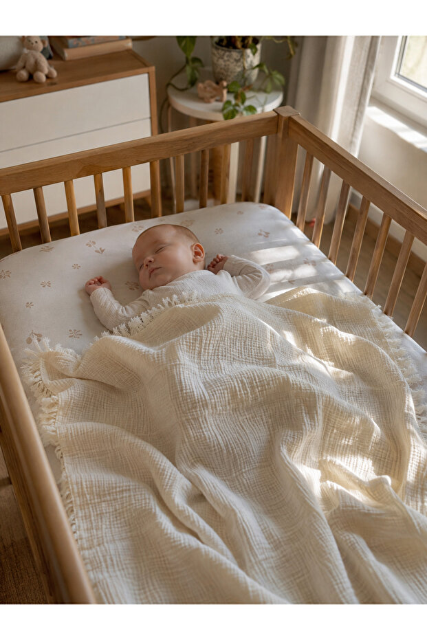 4 Layer Muslin Baby Blanket with Tassels - Cream