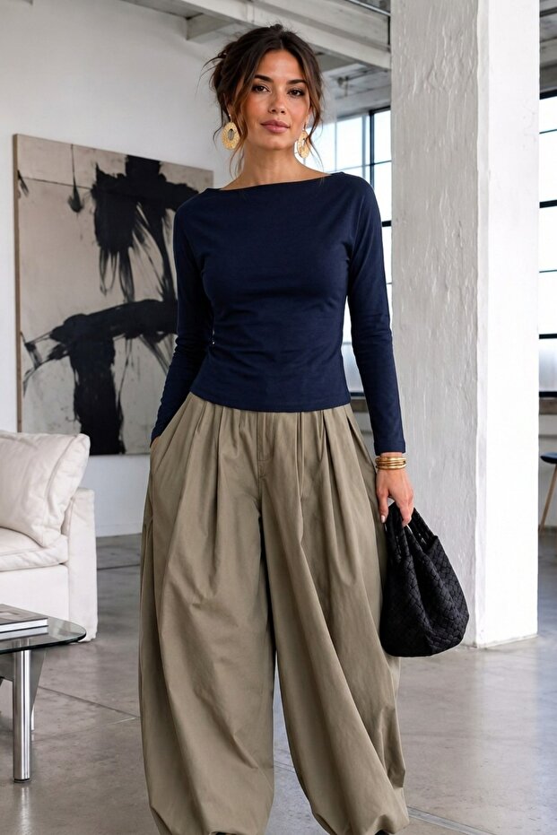 Women's Gabardine Cotton Casual Navy Blue Blouse