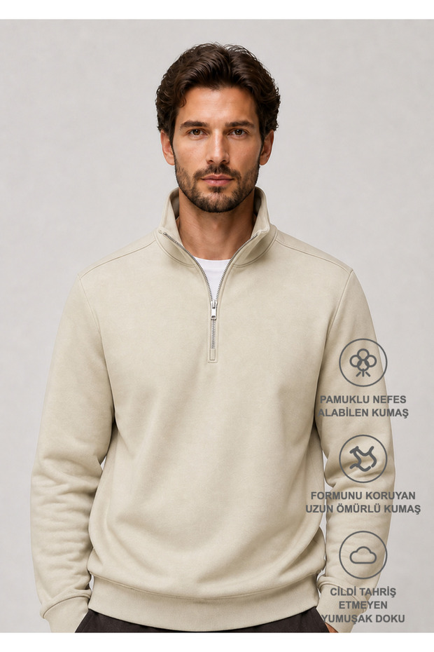 Runi Basic Regular Fit Cotton Winter Sweatshirt Beige
