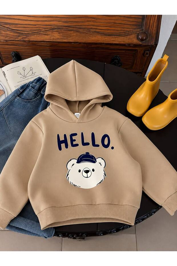 3 Yarn Combed Cotton Hello Printed Unisex Children's Hooded Sweat Wq5