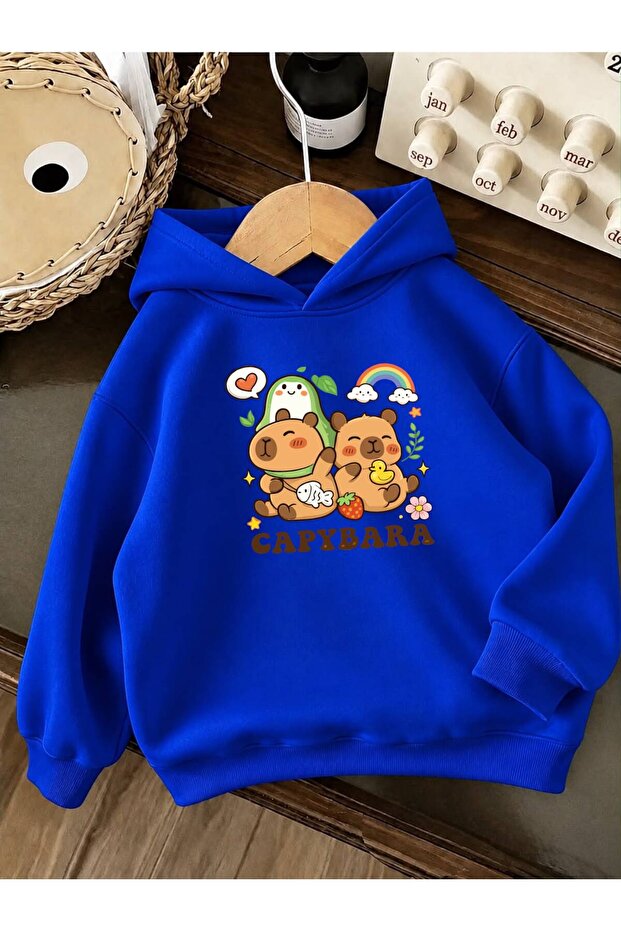 3 Yarn Combed Cotton Capybara Printed Unisex Children's Hooded Sweatwear We5