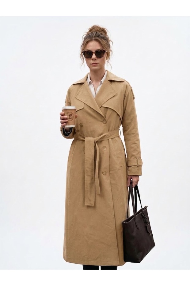 Women's Long Trench Coat Buttoned Sleeves Epaulettes Lined Belted Waterproof Oversize Cut