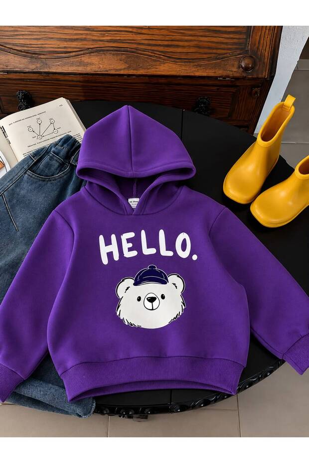 3 Yarn Combed Cotton Hello Printed Unisex Children's Hooded Sweat Wq5