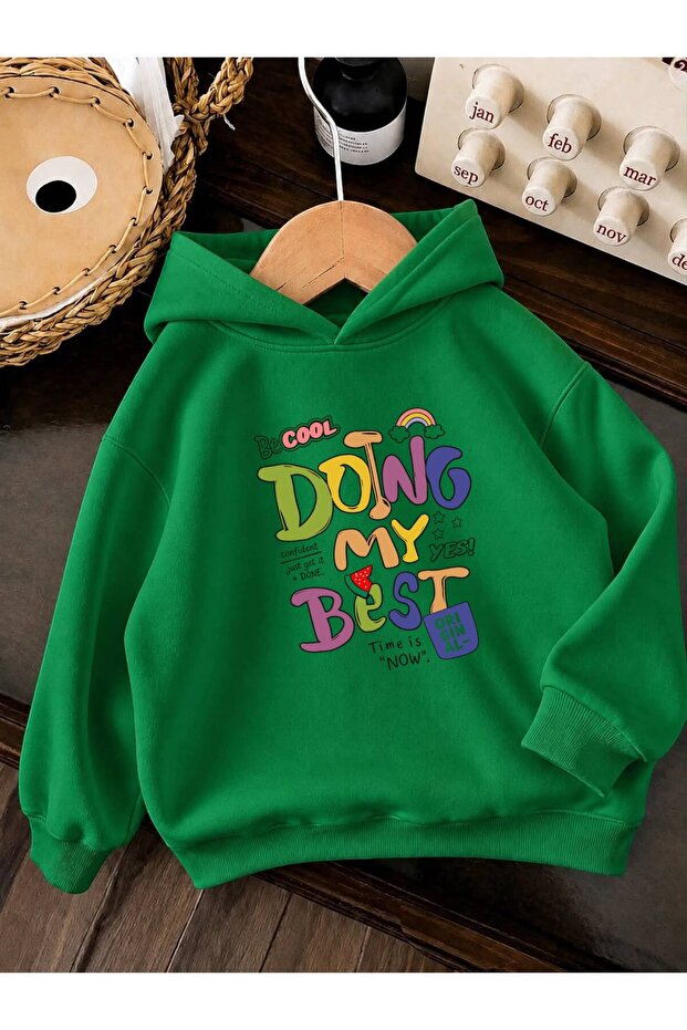 3 Yarn Combed Cotton Doing My Best Printed Unisex Children's Hooded Sweatwear We6