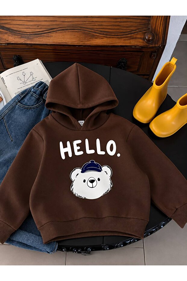 3 Yarn Combed Cotton Hello Printed Unisex Children's Hooded Sweat Wq5