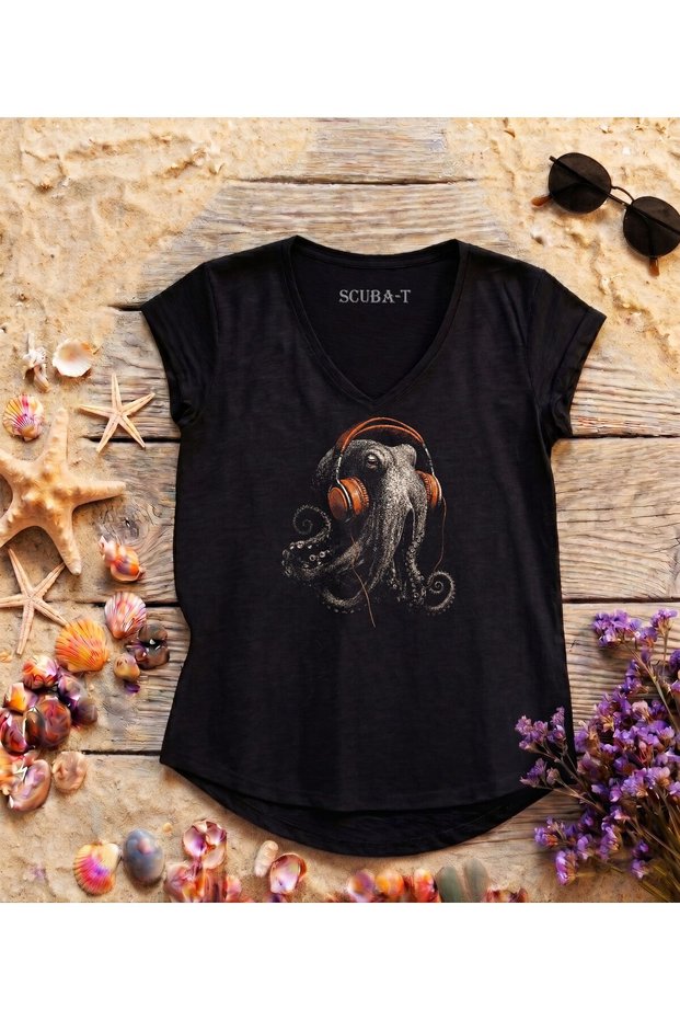 Musician Octopus V-Neck Flared Women's T-Shirt