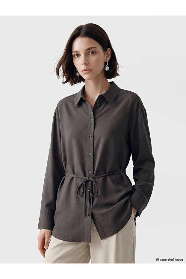 Lcw Modest Brown Linen Blend Women's Shirt Tunic