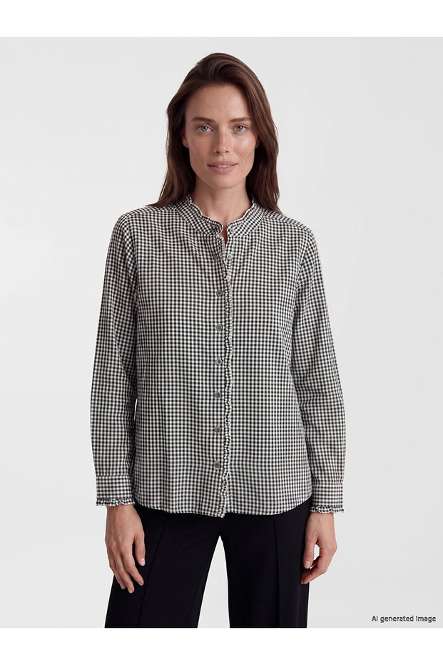 Lcw Grace Navy Blue High Collar Plaid Women's Shirt