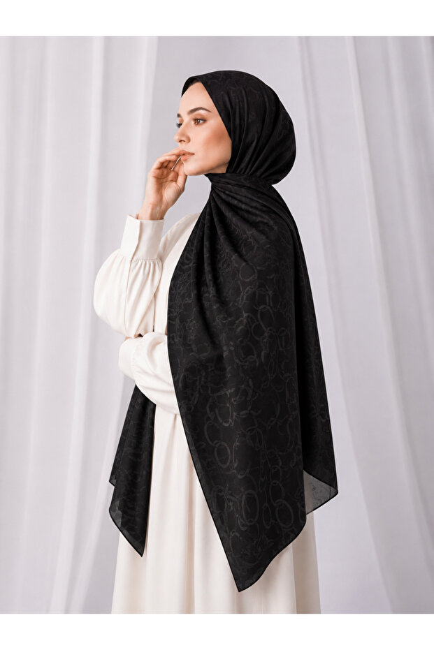 Black Chain Patterned Jacquard Shawl – Self-Patterned Stylish Hijab Shawl