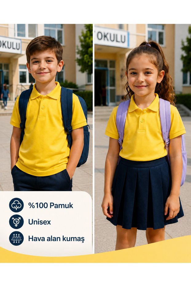 Mustard Unisex Kids School Polo Collar T-Shirt 100% Cotton Short Sleeve Relaxed Fit
