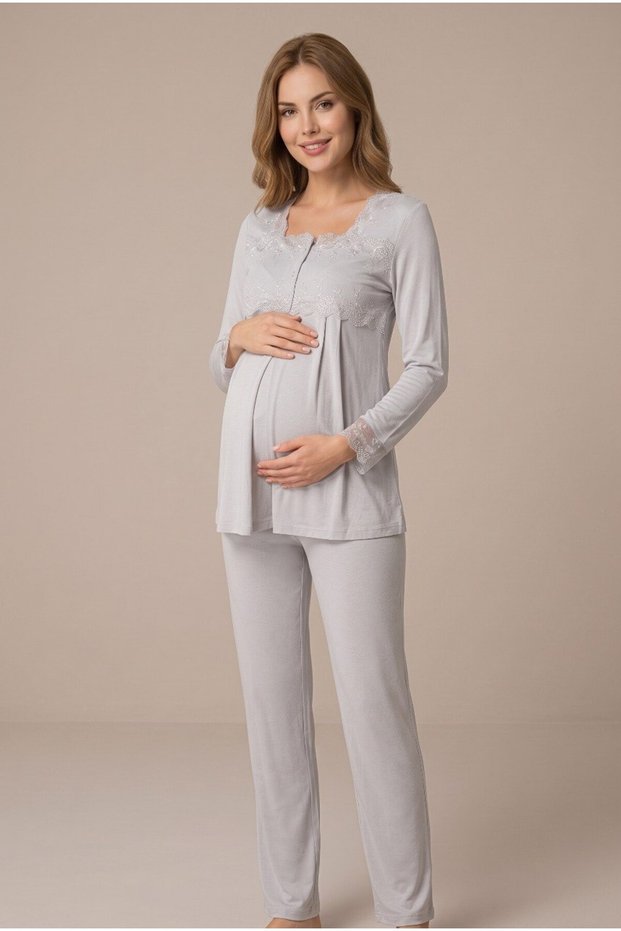 Women's Ecru Lace Long Sleeve Maternity Pajama Set with Breastfeeding Detail