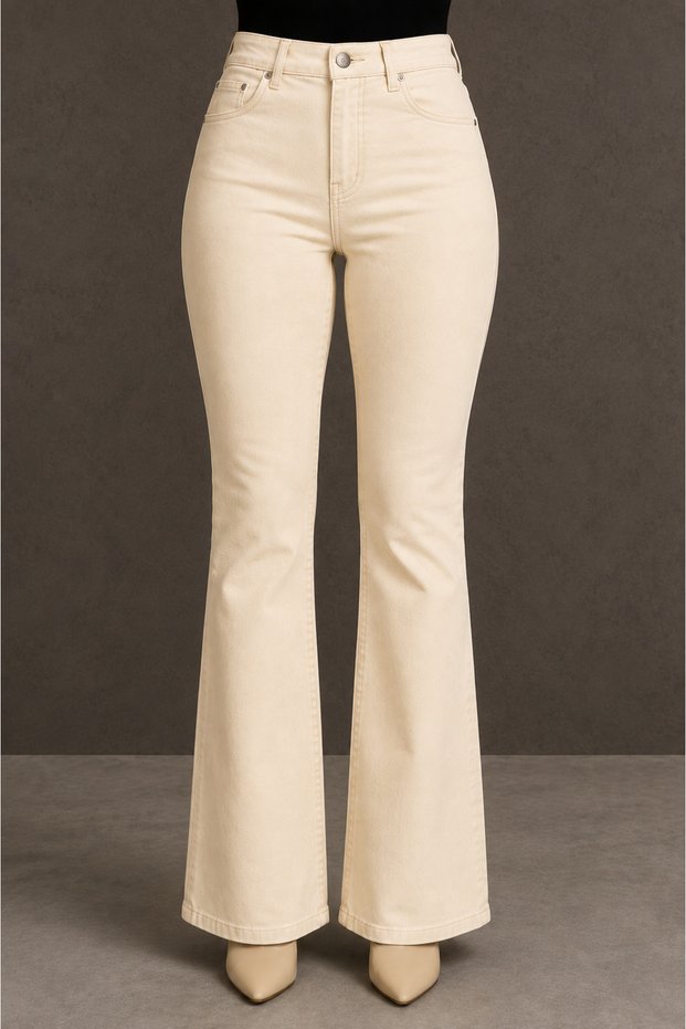 Amira Women's Beige Ecru Spanish Flare High Waist Lycra Flare Jeans Trousers Jean