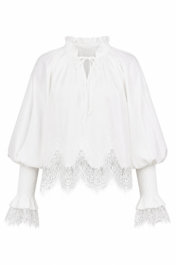 Collar Detailed Lace White Blouse
