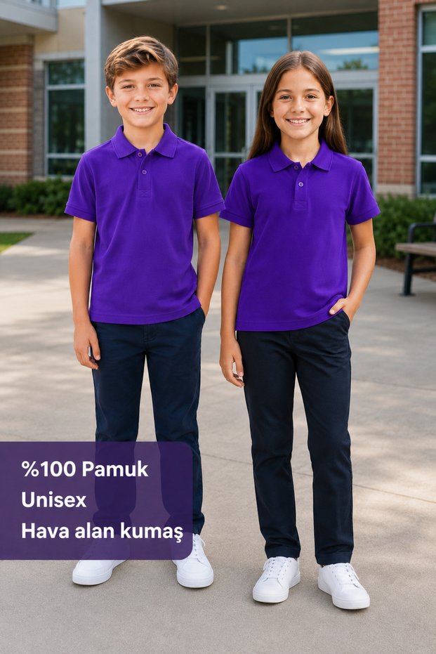 Purple 100% Cotton Unisex Kids' School Polo Collar T-Shirt – Breathable Casual Jersey