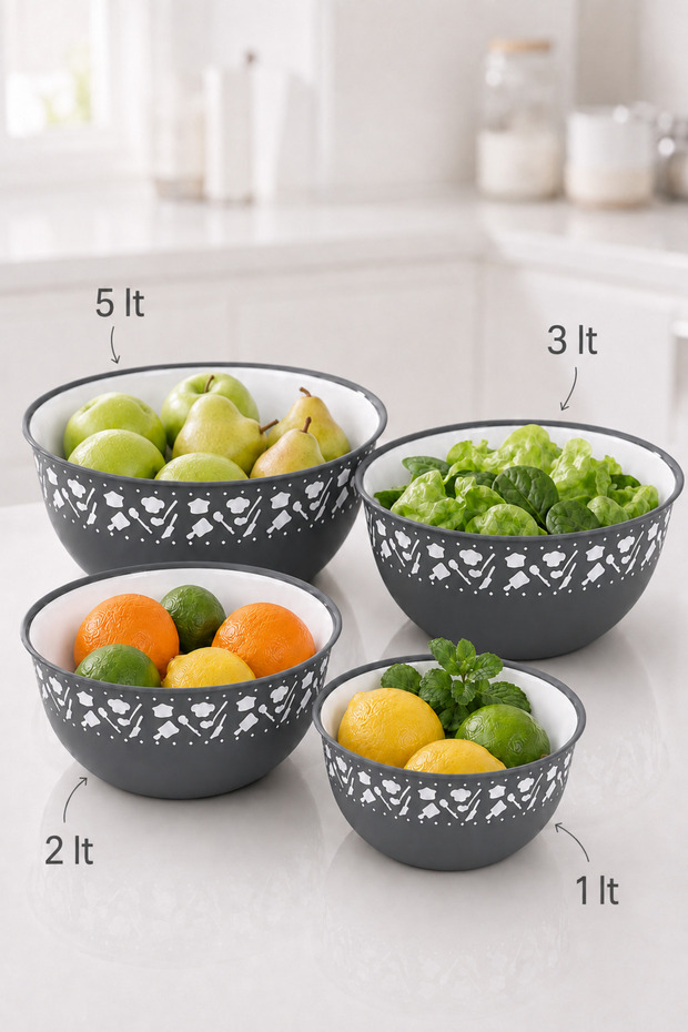 Set of 4 Round Mega Size Anthracite Plastic Mixing and Meal Preparation Storage Bowls | 1L, 2L, 3L, 5L