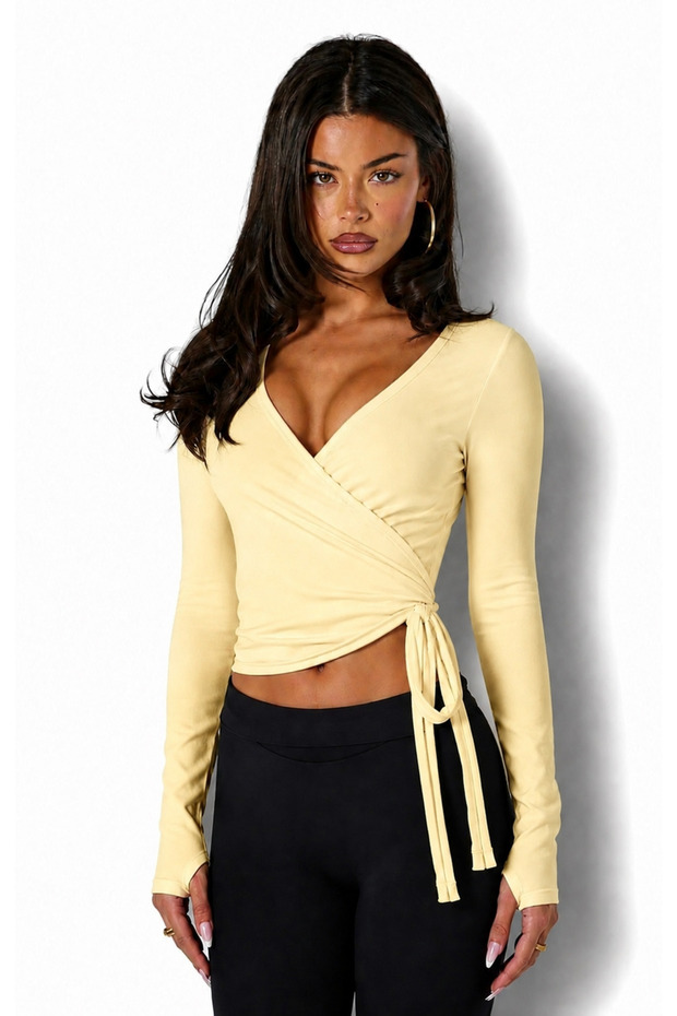 Women's Double-Breasted Tie-Front Long Sleeve Blouse with Finger Detail