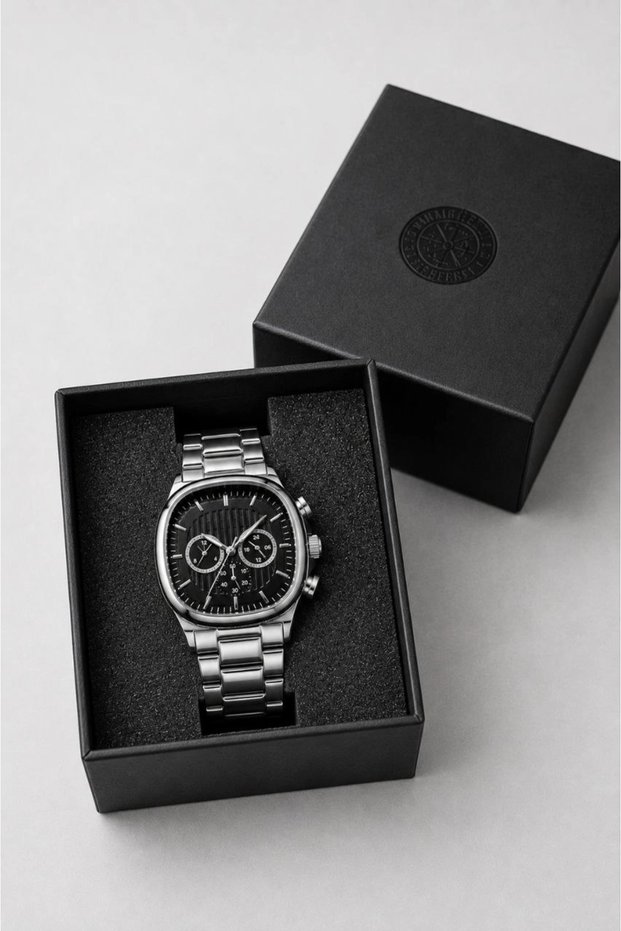 Men's Silver Color Metal Cord Analog Wrist Watch Black Dial with Calendar Display - Silver