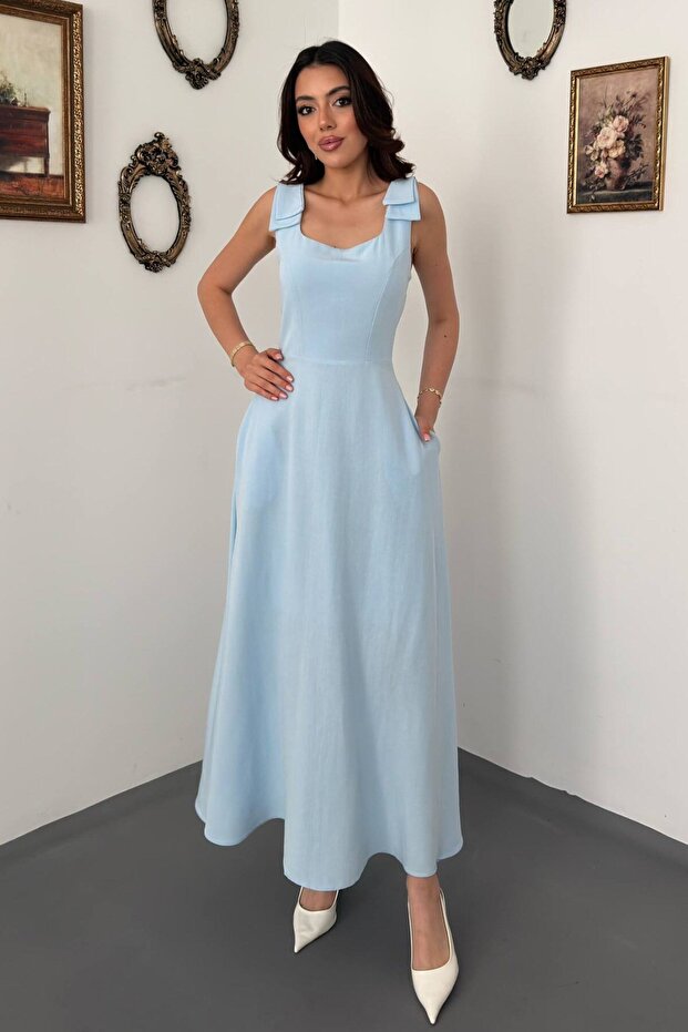 Baby Blue Dress with Bow on the Shoulders