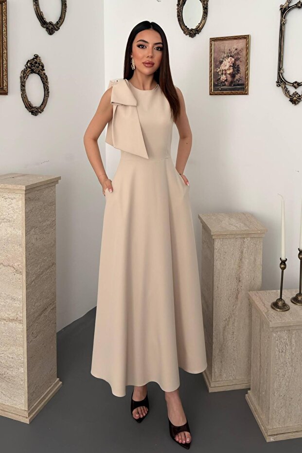 Beige Shoulder Bow Dress